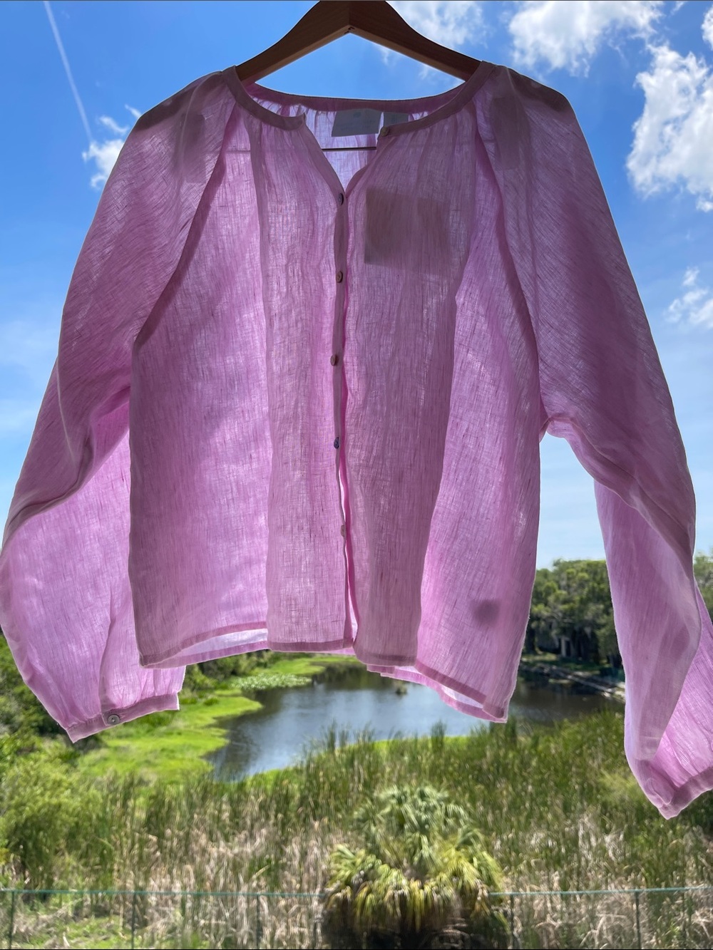 Cynthia Rowley Sheer Light Pink Linen Button Blouse Size: L NWT